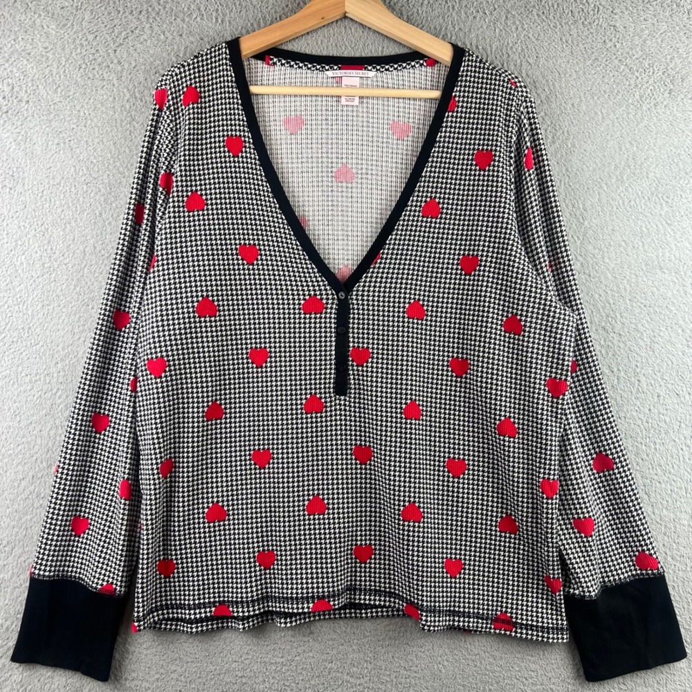 Victoria's Secret Houndstooth Heart Thermal Henley Top XL Black White Red